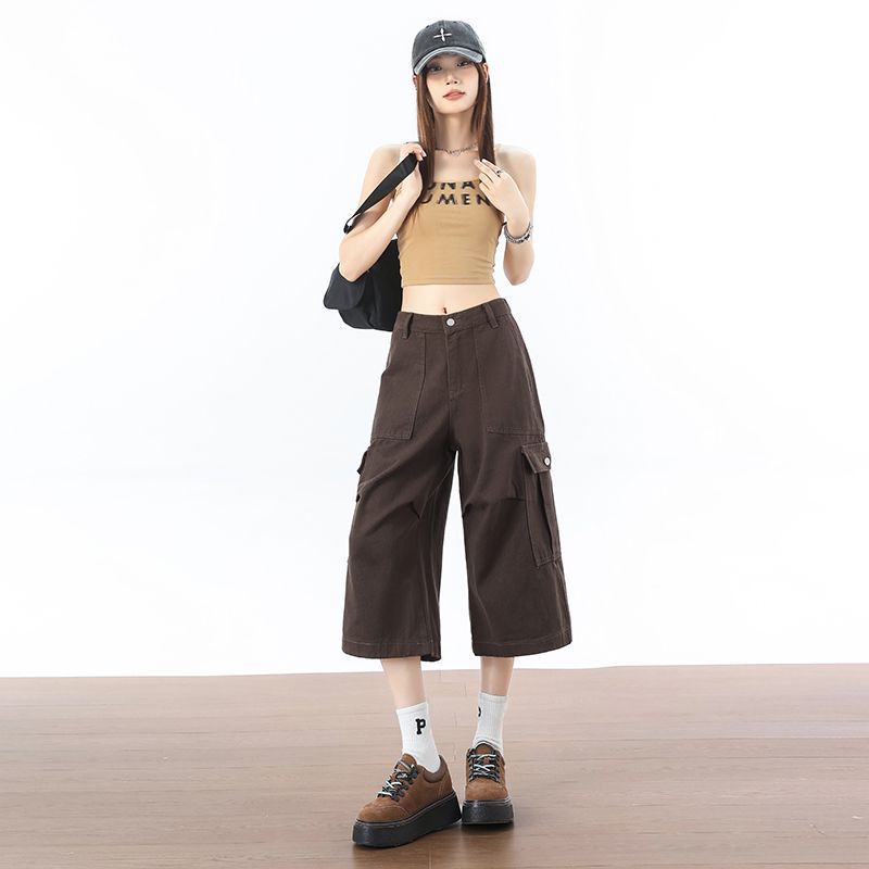 Fashion Summer Back Elastic Waist Brown Cropped Capri Cargo Wide Leg Pants For Women Trendy Versatile Loose Straight Slimming Daily Trousers