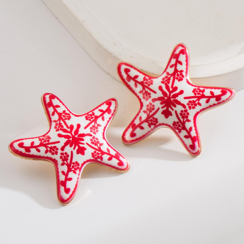 Colorful Blue and White Porcelain Starfish Earrings Unique Niche Design Beach Vacation Style Earrings for Women