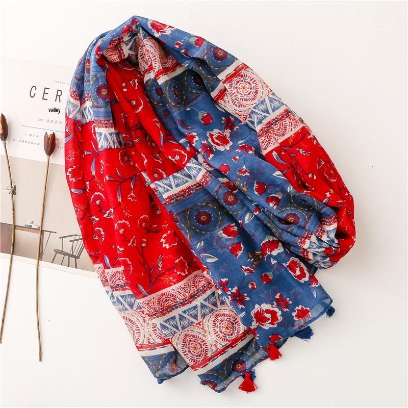 Red & Blue Ethnic Floral Cotton Scarf - Soft Bali Style Shawl for Women