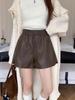 Women's Coffee Leather Shorts - Autumn Style, High Waist, Slimming, Drawstring, Wide Leg, Versatile, Casual.