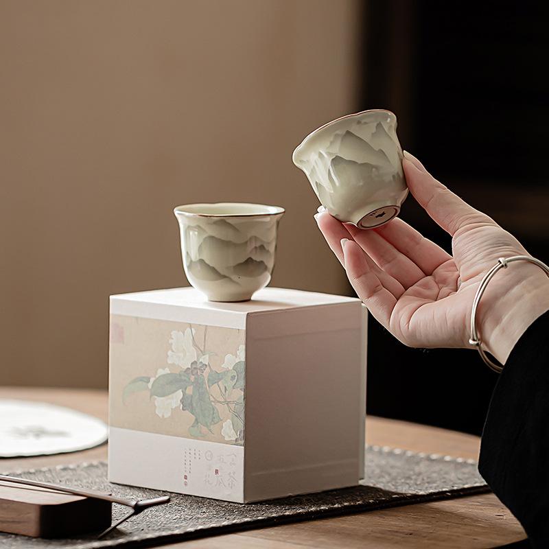 55ml Retro Piec Ru Ceramiczna Filiżanka do Herbaty z Kwiatowym Brzegiem Mały Krajobraz Pojedyncza Filiżanka Mistrzowska Degustacyjna Miseczka do Herbaty Kubki Zestaw do Herbaty Kung Fu Naczynia do Herbaty