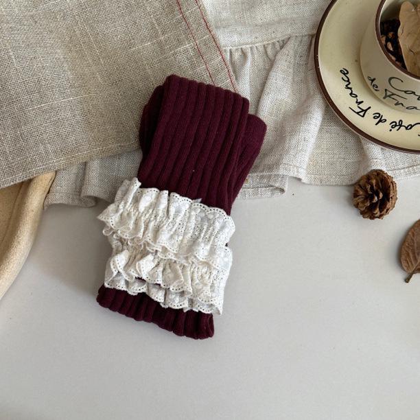 

Girls Korean-Style Wide Stripe Lace Leggings for Spring/Autumn L (100-110cm) вино красного