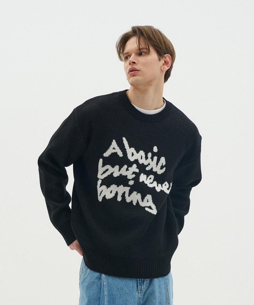BLOND9 Slogan Round Knit Sweater_Black (Type B)