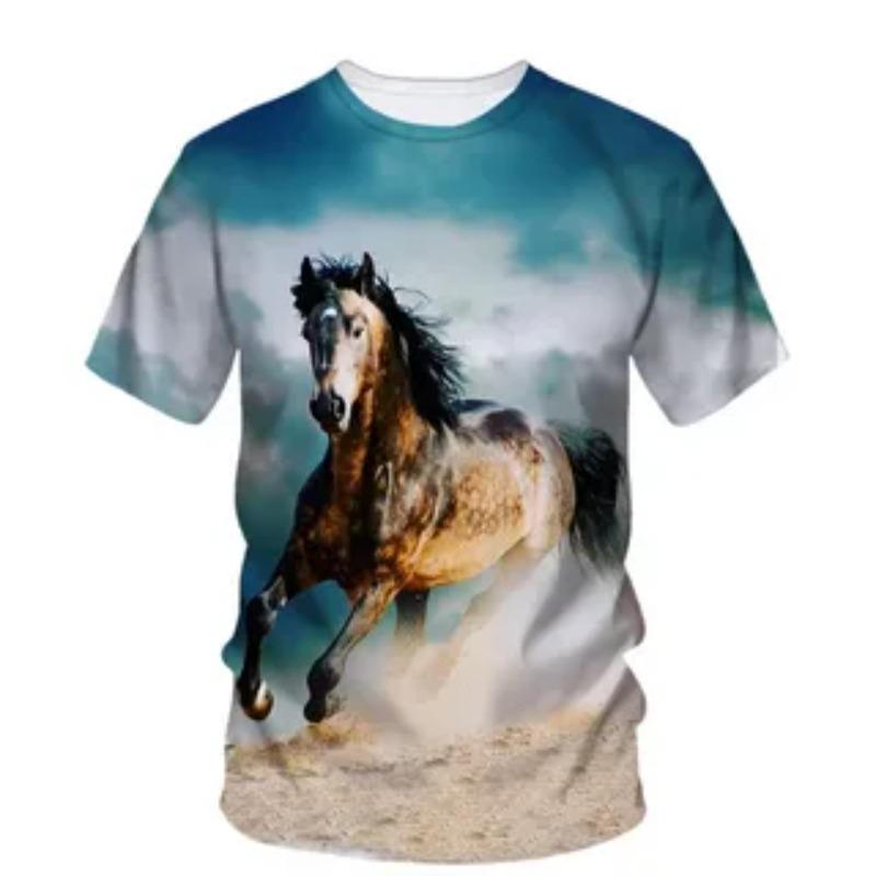 Summer Comfortable Fashionable 3D Printed Horse Pattern Round Neck Kids Clothes Fashion Casual Tops Soft Girls Creative Colorful T-Shirt
