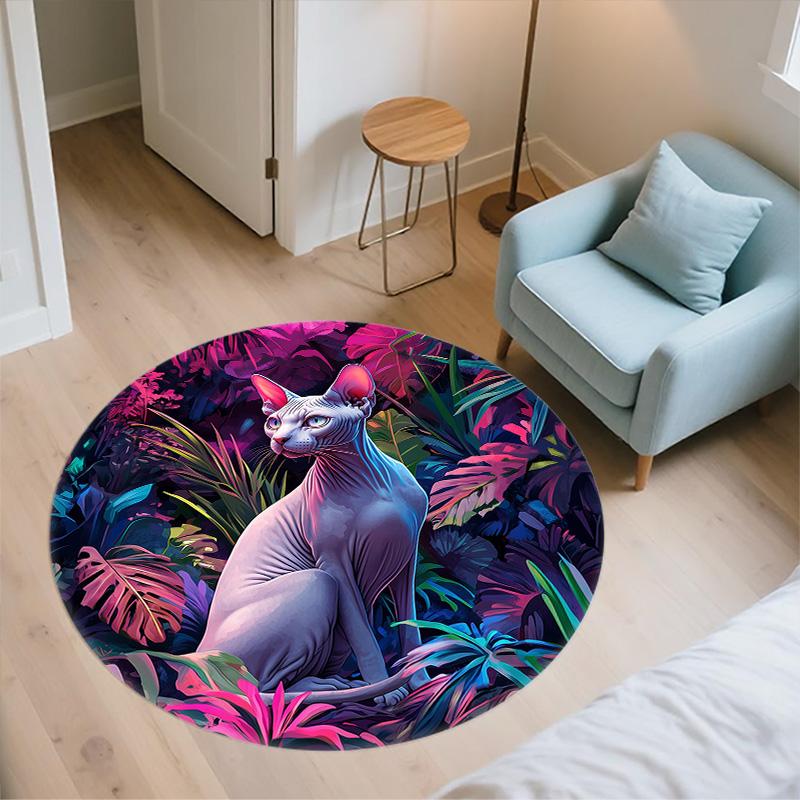 Sphynx Cat In Grass,Round Area Rug,Carpet Rug for Living Room Bedroom Sofa Playroom Decor,Non-slip Floor Mat