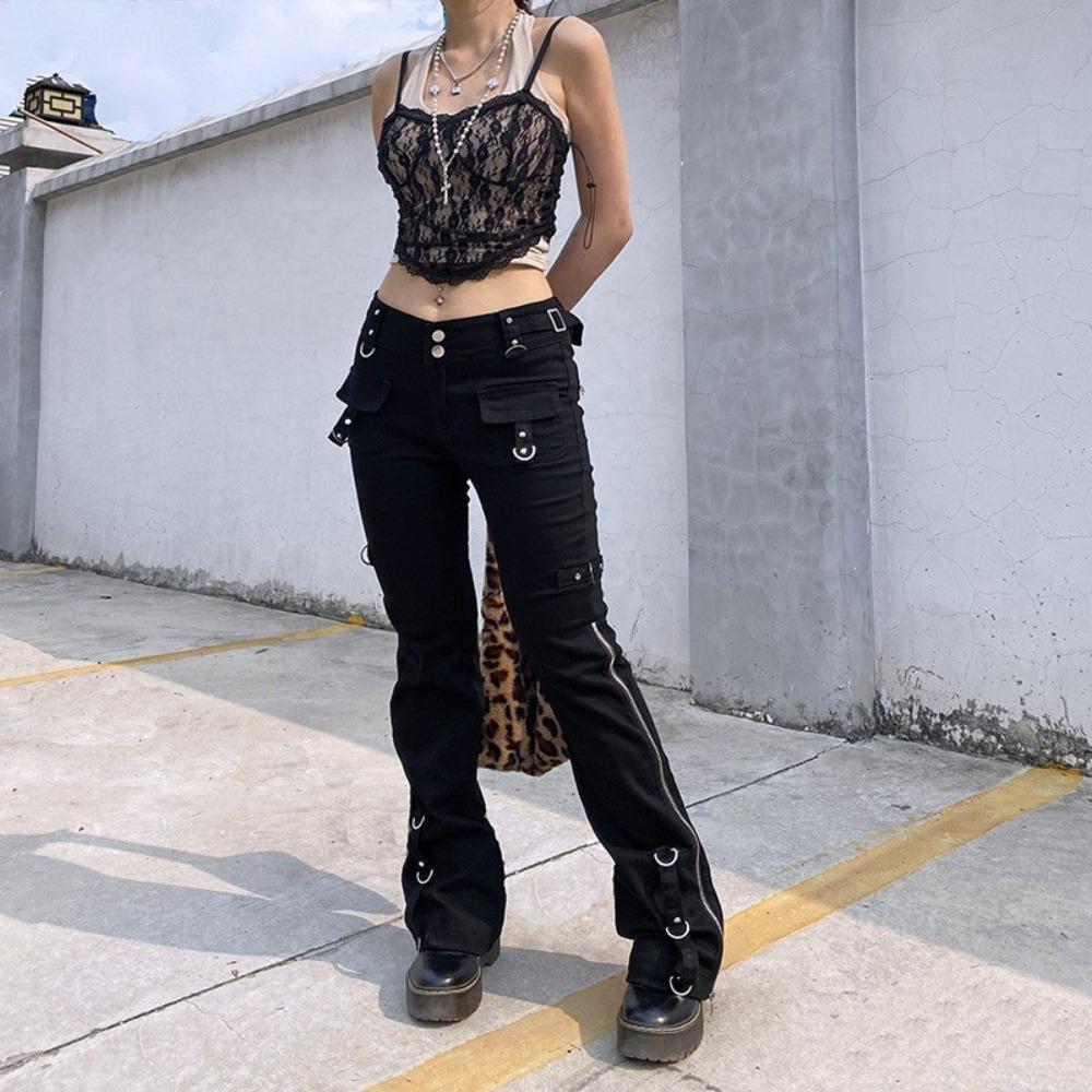 Women's Low Rise Flare Jeans Loose Fit Metal Ring Zipper Cargo Pocket Long Denim Trousers