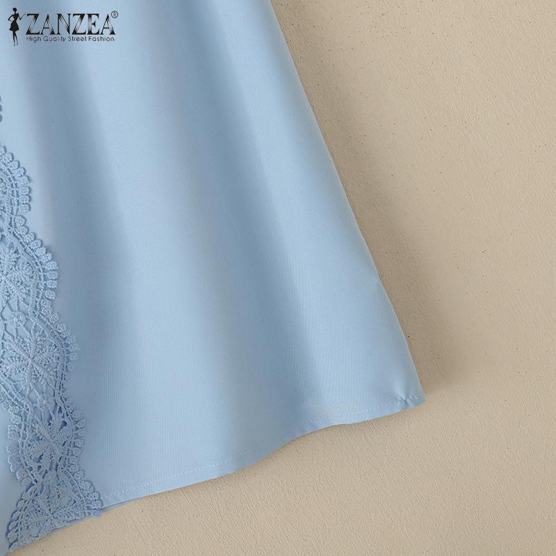 ZANZEA Blusa Casual de Verano para Mujer con Cuello Redondo y Manga Corta con Parche