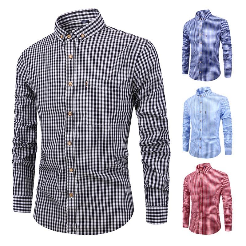 Cel mai vândut transfrontalier Cămașă cu mânecă lungă în carouri 100% bumbac pentru bărbați, Cămașă casual clasică cu nasturi, model Gingham Vichy