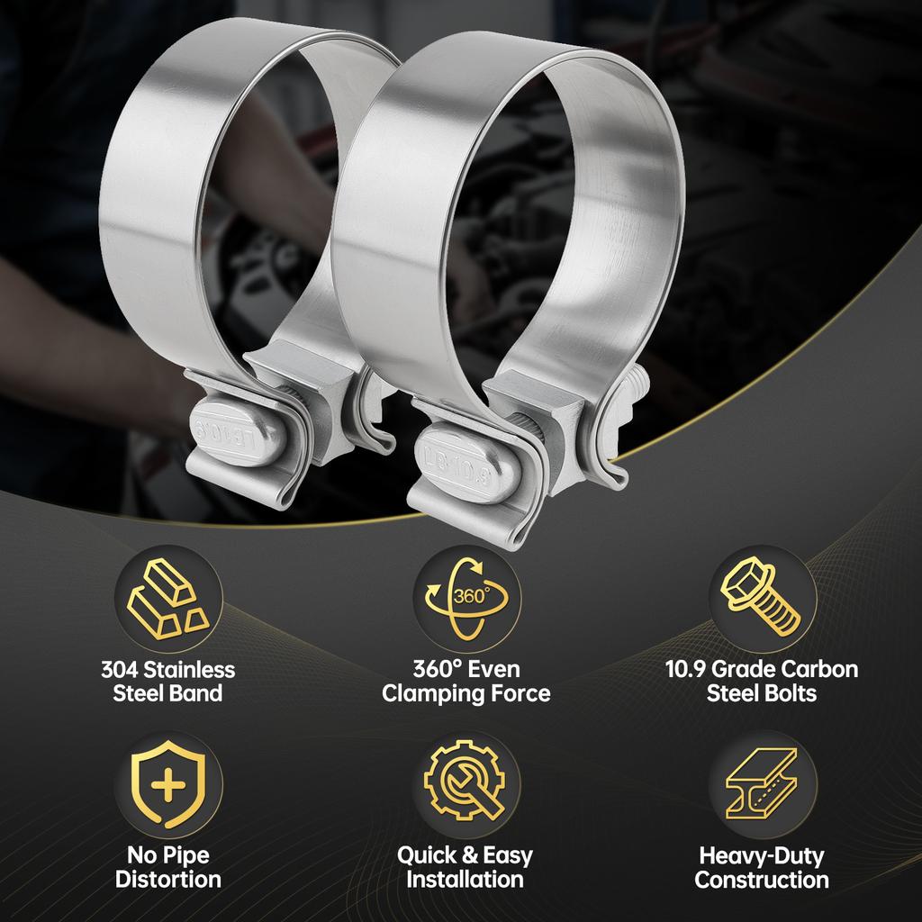 2pcs 3 Inch Exhaust Band Clamps 10.9 Grade Bolt Narrow 360 Degree Sealing Distribution 304 Stainless Steel Muffler Pipe Couplers