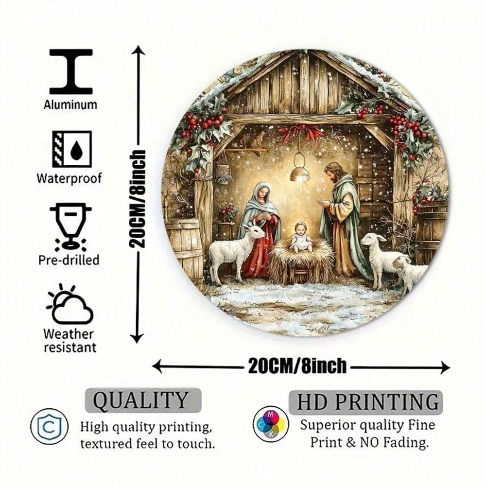 Vintage Christmas Nativity Metal Sign 8x8 Inch Round Tin Plate Wall Art Durable Religious Holiday Home Decor For Living Room