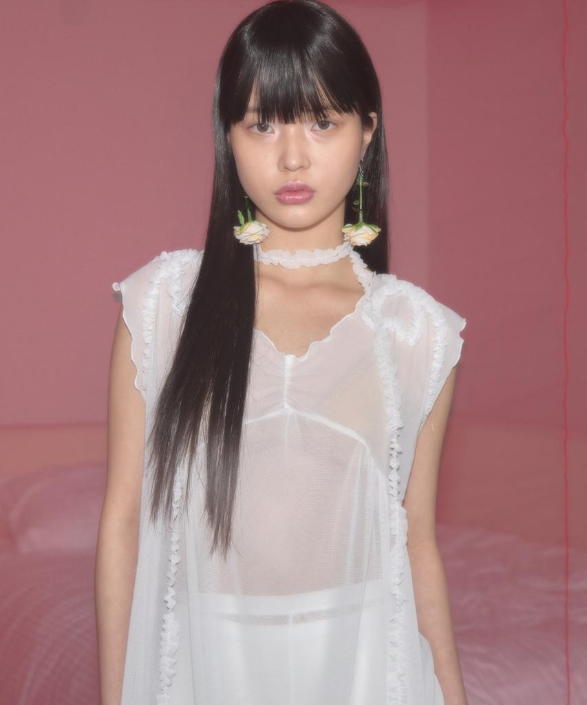 NOFFICIALNOFFICE Sheer Mesh Ribbon Dress White