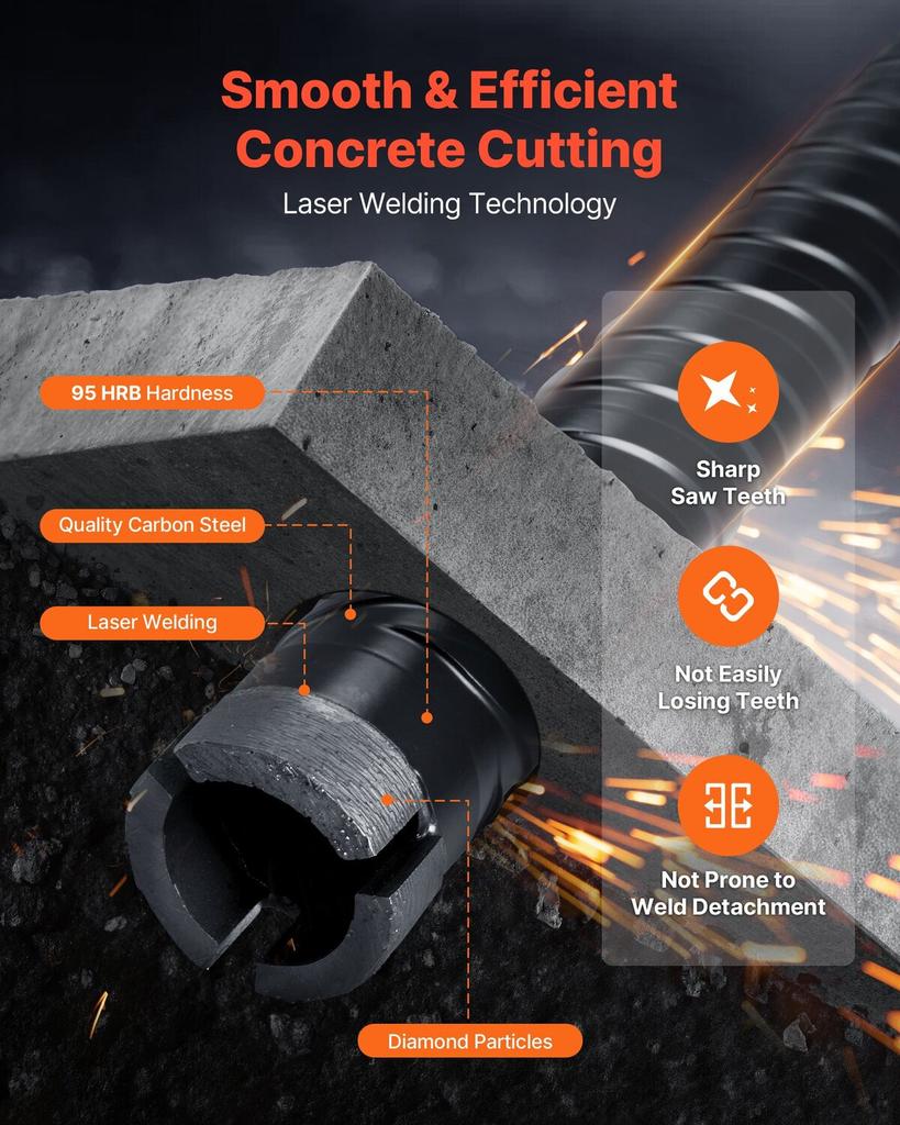 Core Drill Bit, 25 Mm Diameter, 241 Mm Drilling Depth, M16 Internal Thread, Diamond Dry Coring Bit with 3 Adapters, Pilot Drill and Hex Wrench, for