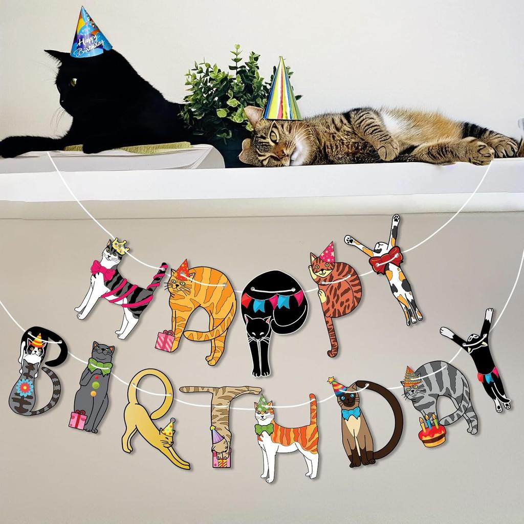 Cat Birthday Garland, Cat-Themed "Happy Birthday" Banner - Colorful and Fun Party Decoration for Kitten Lovers - Funny Kittens Garland