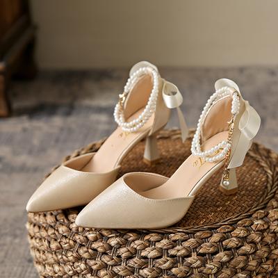 Fashion Slimming Shoes Casual Heels Shallow Mouth Sandals Ladies Pointed Pumps Hollow 2024 All-Match Comfortable Beige African Bow Toe