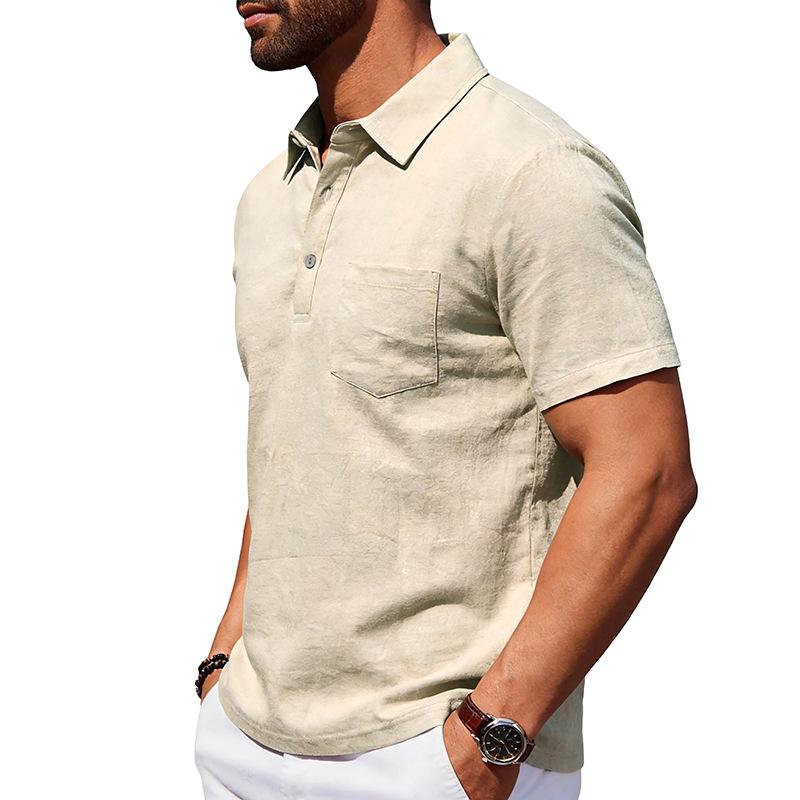 Men Loose Casual Short Sleeve Linen Blend Polo Shirt For Daily Beach Wear