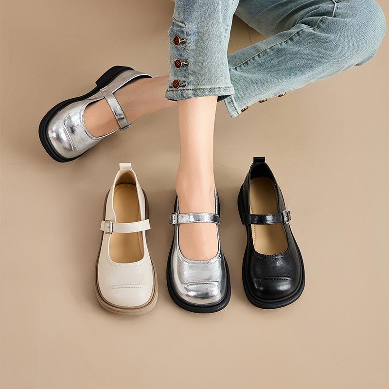 Leather Women's Buckle Flat Casual Shoes Women's Solid Color Mary Jane Women's Shoes