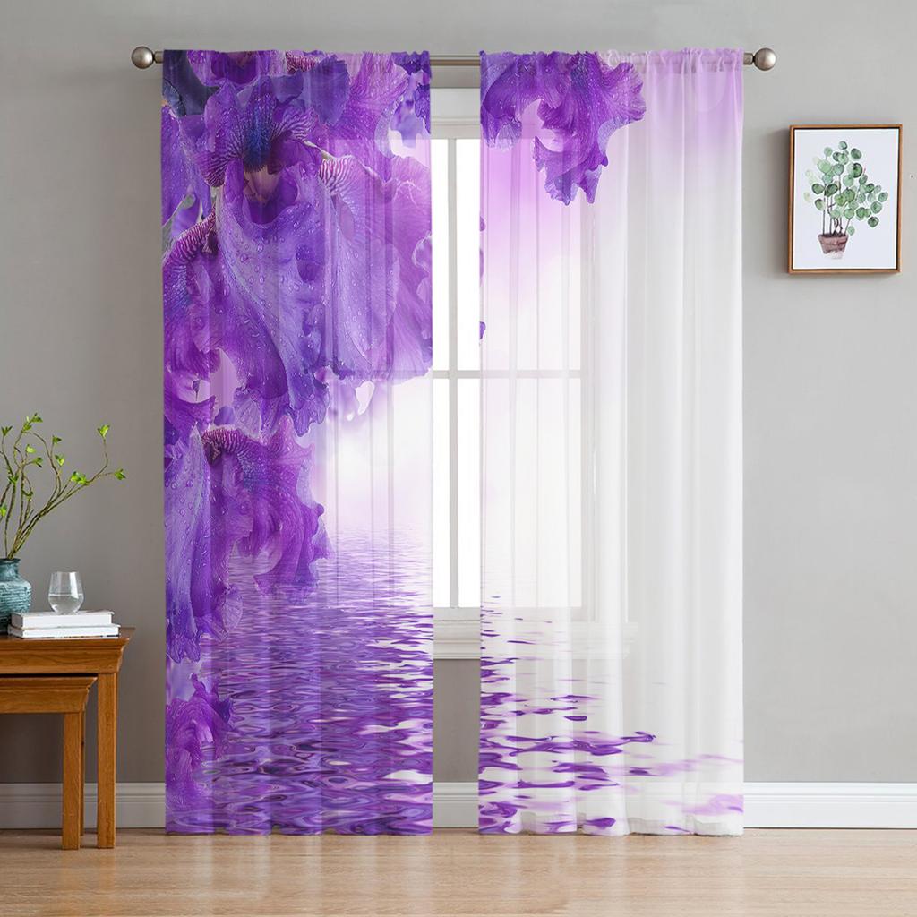 Modern Sheer Curtains Flower Orchid Watercolor Living Room Kitchen Children's Room Decoration Household Chiffon Window Curtains
