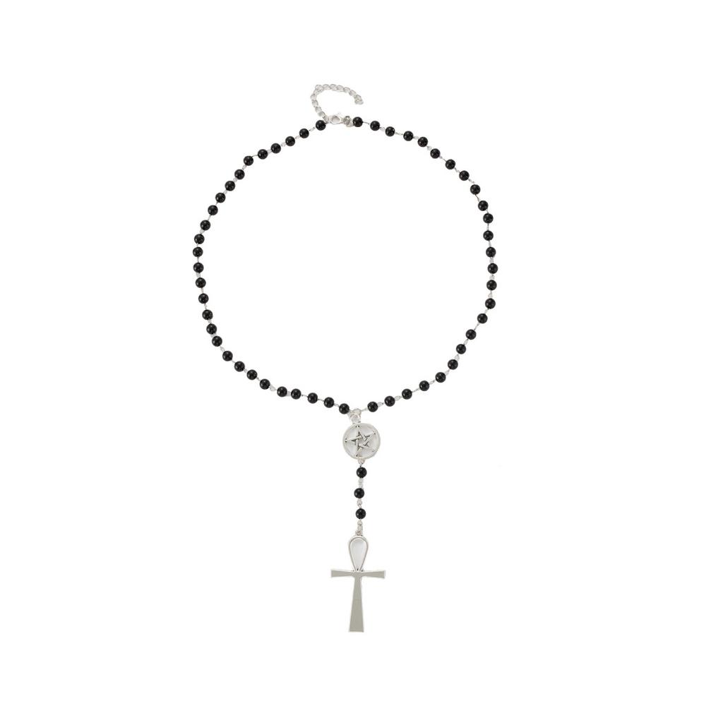 Vintage Cross Pendant, Black Bead Necklace, Sweet And Cool Style High-End Neck Chain, Niche Personality Long Fashion Item.