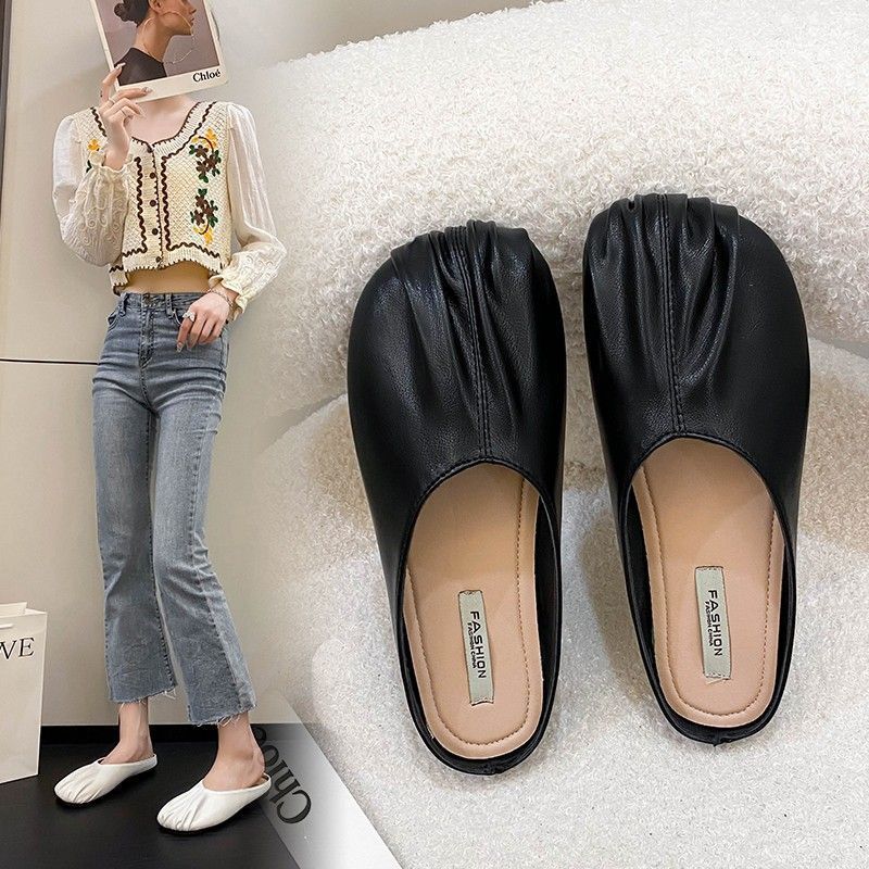 2025 Spring and Summer New Evening Fairy Wind Flat Bottom Without Heel Lazy Net Red Bag Head Half Slippers Female Outer Wear