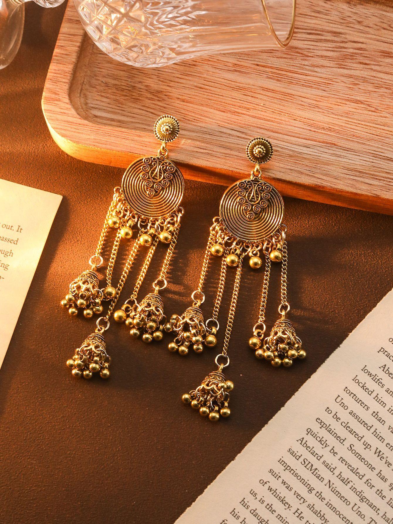 Индийский этнический стиль Круглые колокольчики Кисточка Подвеска Женские серьги Винтажные Бохо серьги