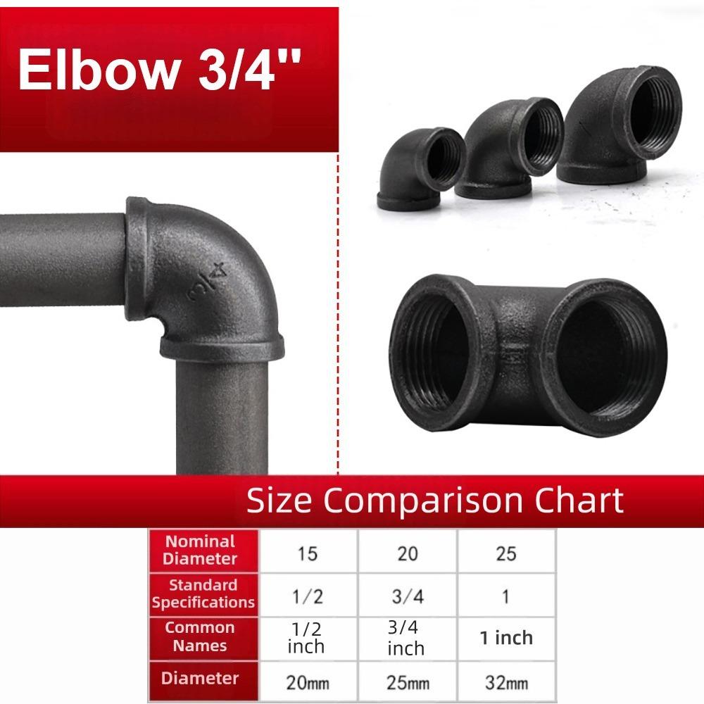 New Black Pipe Fittings Malleable Iron Elbow Pipe Connection 1/2'' 3/4'' 1'' Threaded Decor Furniture