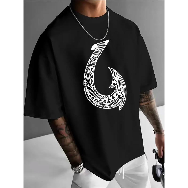 

Summer Fashionable Men s Casual T-Shirt | Round Neck Short Sleeve Tee with Maori Style Fish Hook Print, Applique Detail, Slight Stretch Fabric 4XL