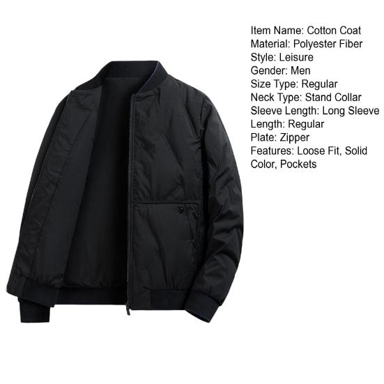 Men Cotton Coat Solid Color Stand Collar Long Sleeve Casual Baseball Style Coat with Pockets Winter Thickened Warm Outerwear