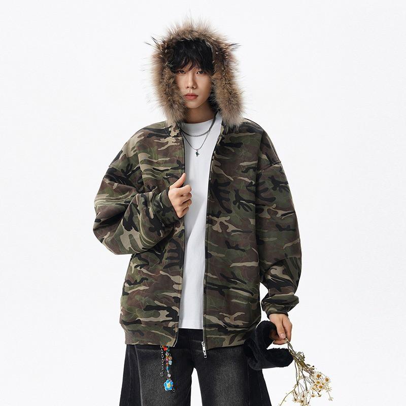 Mens Camo Hooded Jacket Oversize Workwear Style Casual Outerwear Winter