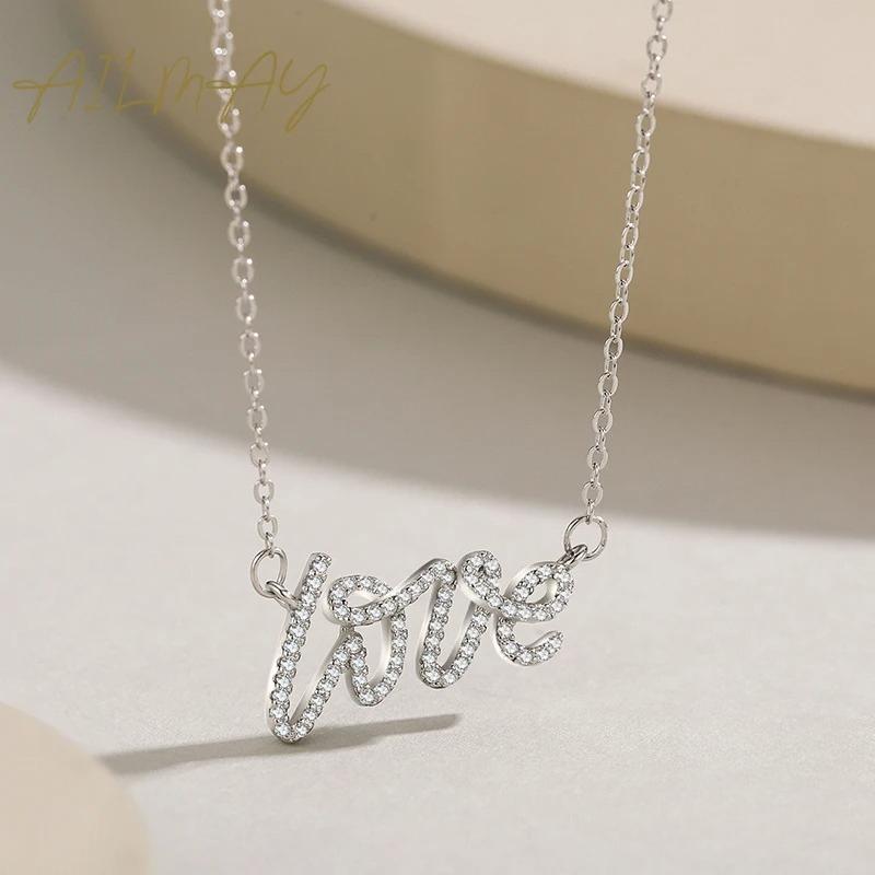 Ailmay Authentic 925 Sterling Silver Elegant Love Letter CZ Pendant Necklace for Women Wedding Engagement Fine Jewelry