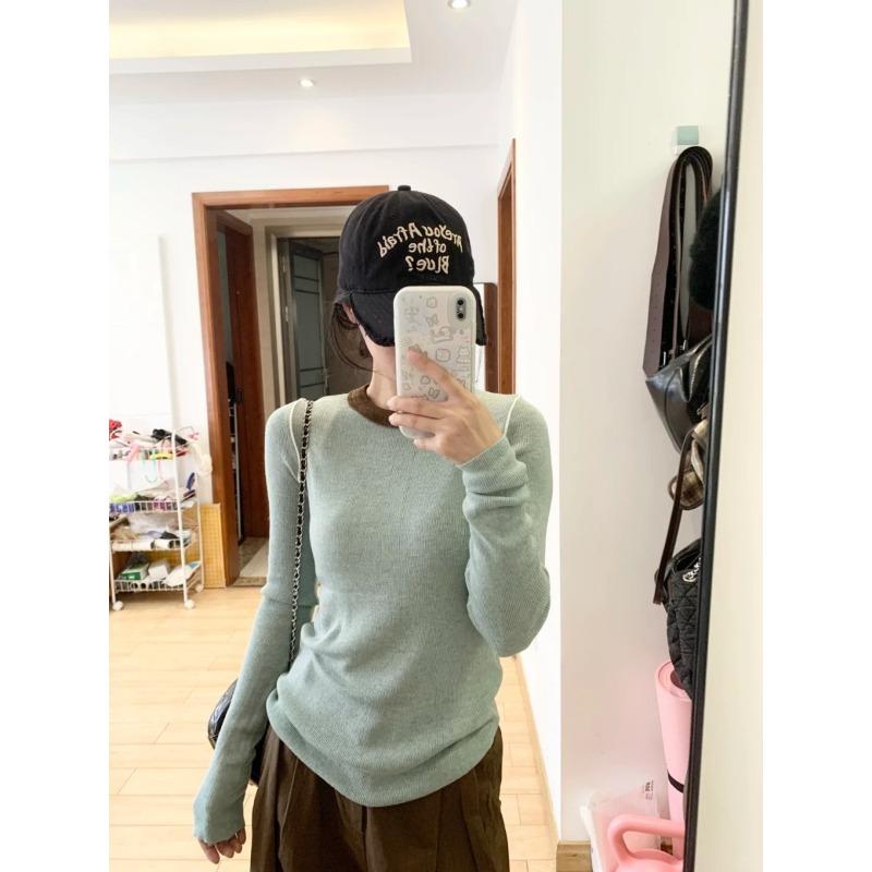 

Contrasting color age-reducing slim-fitting knitted sweater women s spring design sense splicing long-sleeved inner top bottoming shirt tide XL зелёный