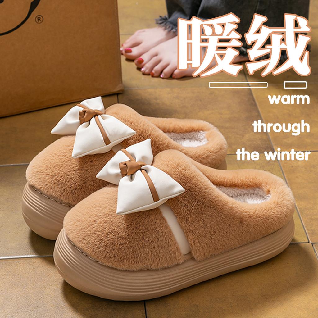 Bow cotton slippers autumn and winter outer wear fleece warm indoor home non-slip fluff mop cotton mop