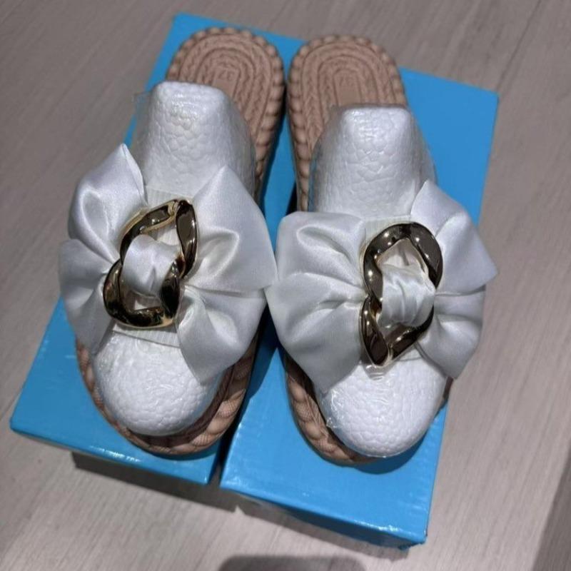 Summer New Round Toe Shallow Mouth Open Toe Metal Buckle Bow Soft Sole Anti-slip Wear-resistant Flat Sandals