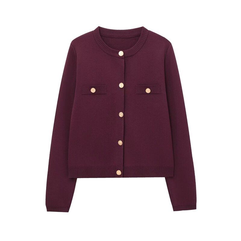 

Fashion Style 2024 Autumn New Women s Clothing Golden Breasted Long Sleeve Black and White round Neck Knitting Outwear 1822106 Burgundy L