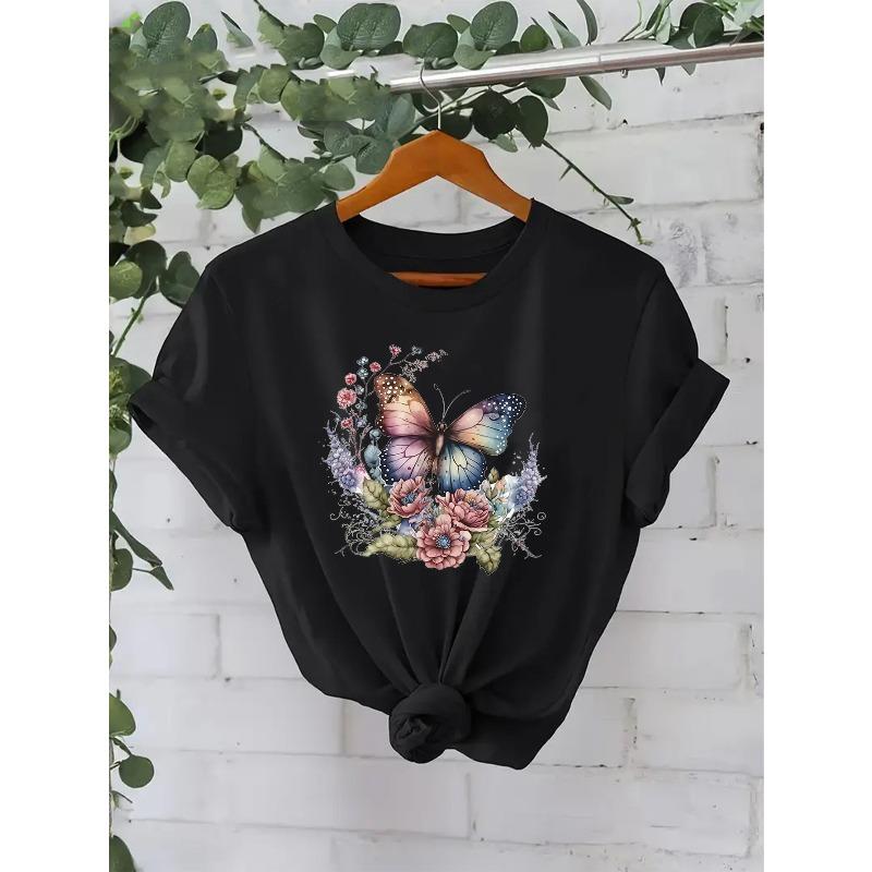 European Size European Size Women S Short-Sleeve Round-Neck T-Shirt with Butterfly Pattern Print, Machine Washable for Spring, Summer S чёрный