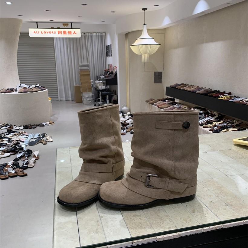 2025 Autumn New Western Cowboy Boots Women's Pleated Pile Black Round Head Retro Thick Heel Knight Boots Women