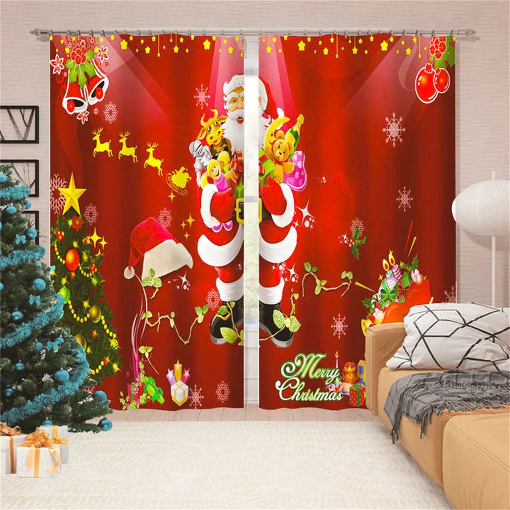 Cartoon Christmas Happy New Year Star Red Ball Window Curtains Blinds for Living Room Bedroom Kitchen Door Home Decor 2 Panels