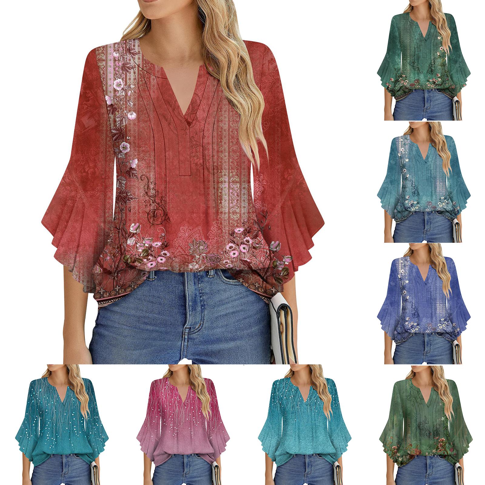 

Women s Fashion Casual Pleated V-Neck Solid Color Three-quarter Sleeve T-Shirt Elegant Top XL