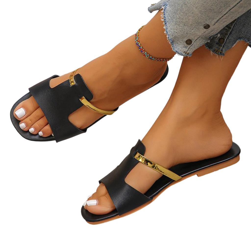 Women's shiny H-shaped buckle light luxury casual slippers