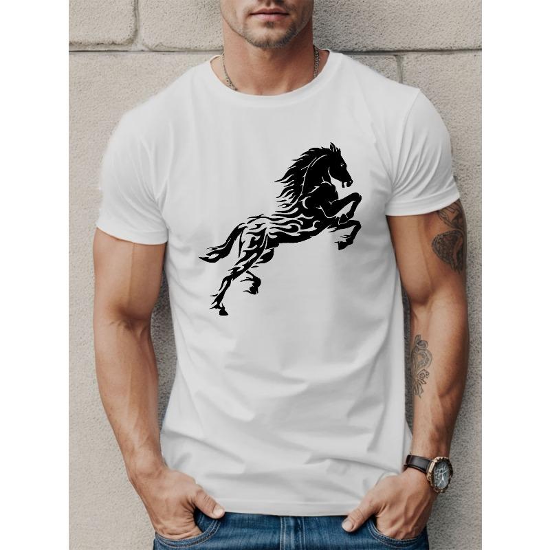 European sizes Men's Casual Short Sleeve T-Shirt with Horse Print - Breathable Polyester, Round Neck, Machine Washable