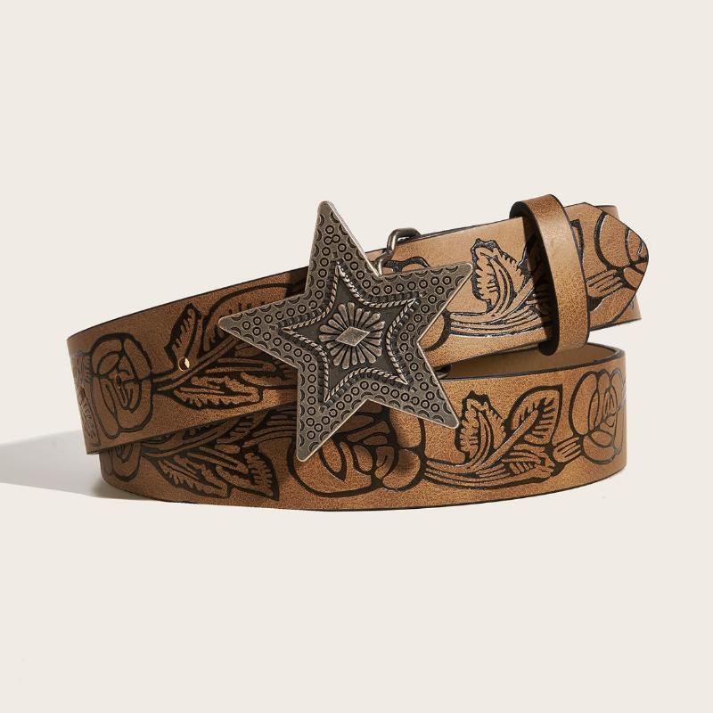 Vintage Carved Buckle Pu Wide Belts Boho Brown Embossed Waistband Western Jeans Pants Belt