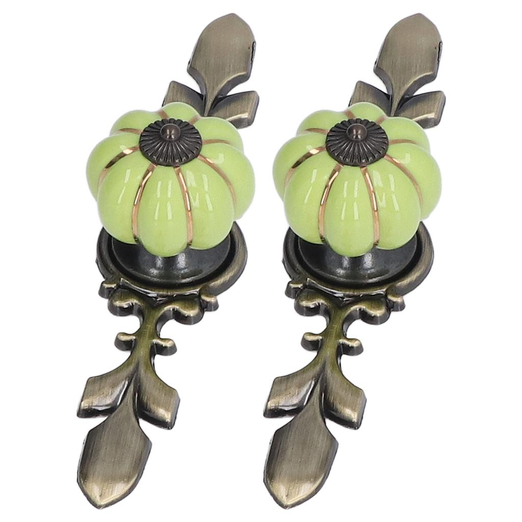 2pcs/set Hand Painted Pumpkin Drawer Knobs Chinese Pastoral Style Ceramic Cabinet HandleGreen