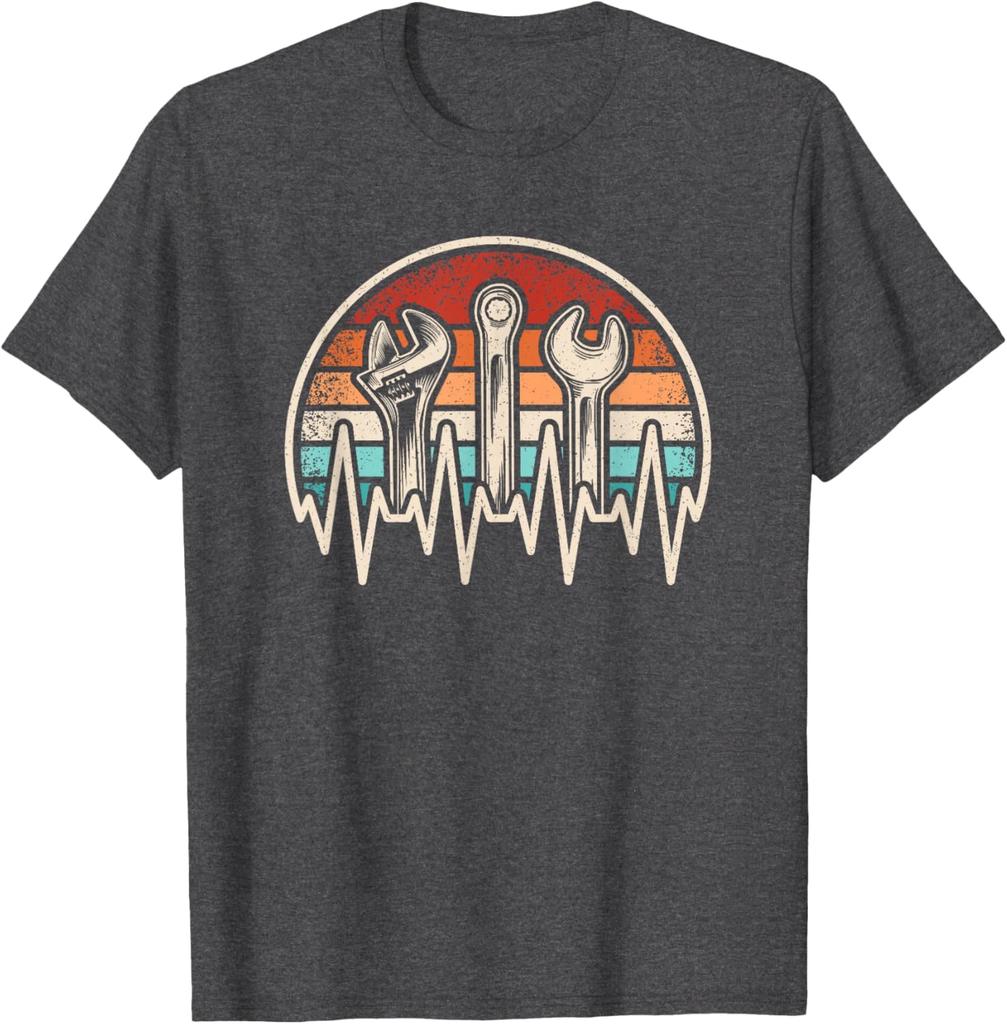 Mechanic Heartbeat Wrench Spanner Retro Sunset Graphic Tee Vintage Auto Repair Short Sleeve T-Shirt