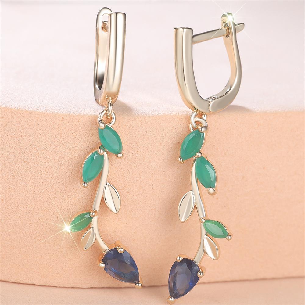Blue Crystal Water Drop Stone Pendant Green Jade Leaf Hoop Earrings For Women Vintage Gold Color Ear Buckle Wedding Jewelry Gift