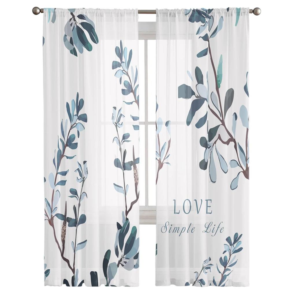 Flowers Blue Green Pattern Modern Printed Tulle Curtains for Bedroom Balcony Window Decor Creative Fashion Home Sheer Curtain