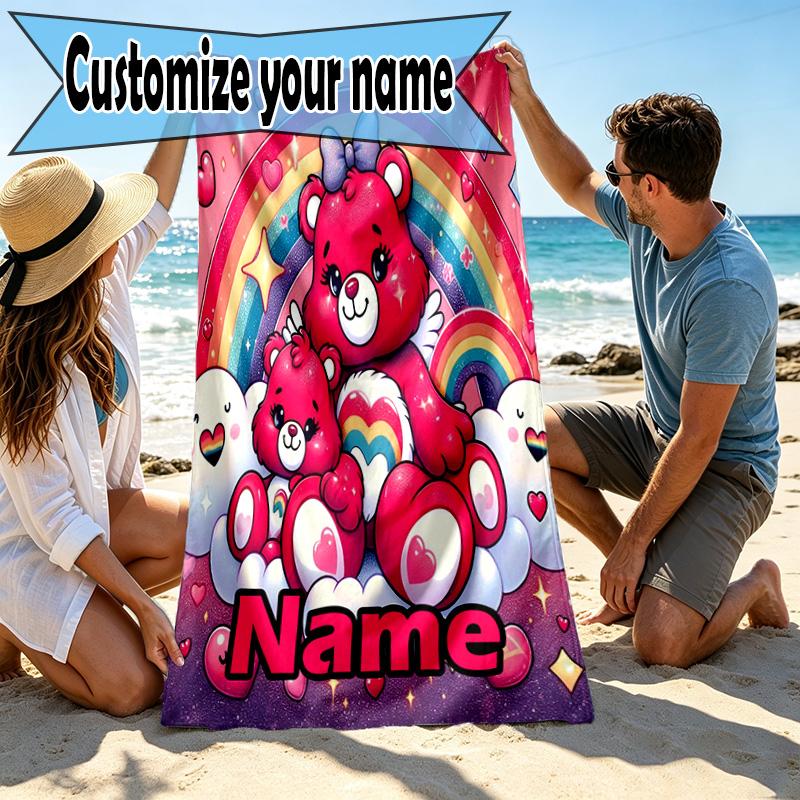 Custom Name Personalized Care Bears Print Beach Towel, for Trip Camping Beach Party Home Decor, Birthday Gift for Family & Friends