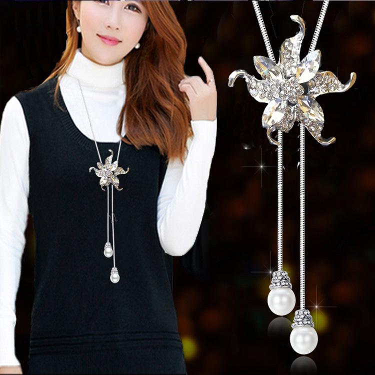 Korean Tassel Crystal Pendant Necklace - Elegant Long Sweater Chain