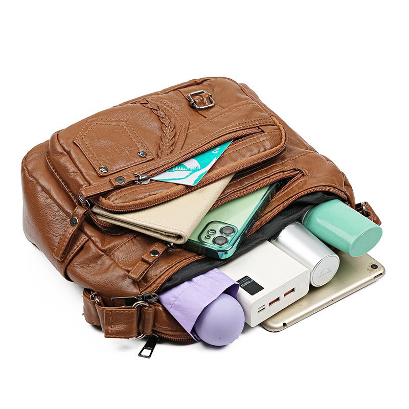 Multi-Layer Soft Leather Bag Women's Crossbody Bag Mobile Phone Bag Mother Shoulder Bag Middle-Aged Bag