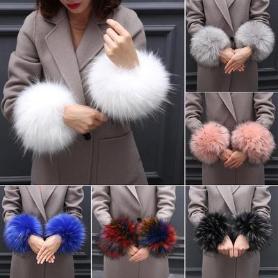 Women Windproof Elegant Winter Plush Bracelet Faux Fox Fur Cuff Oversleeve Warm Wristband Arms