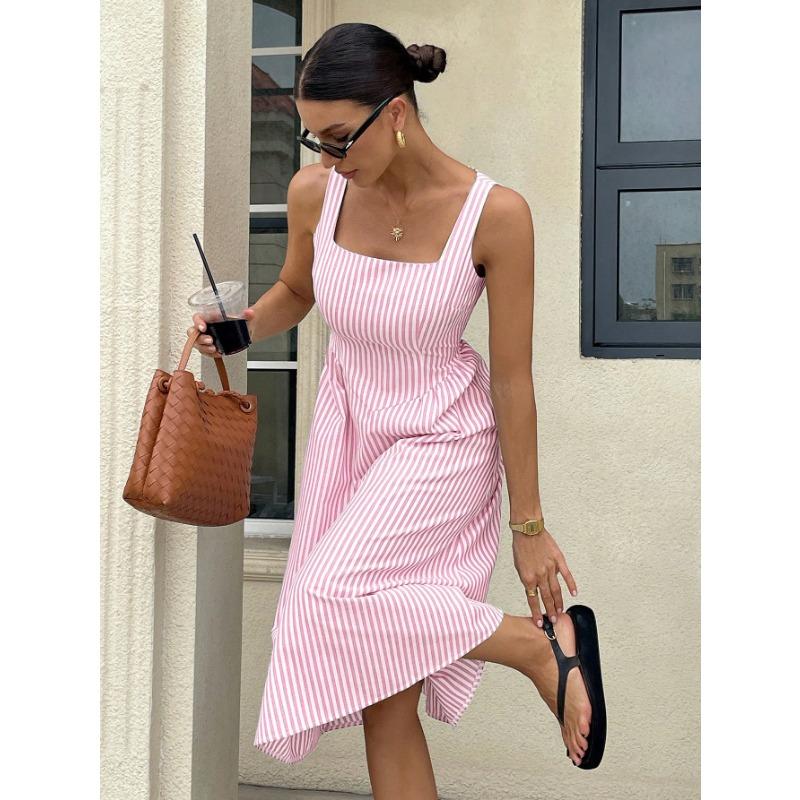 Damen Freizeitmode Quadratischer Ausschnitt Ärmellos Color Block Gestreift Hohe Taille Langes Kleid