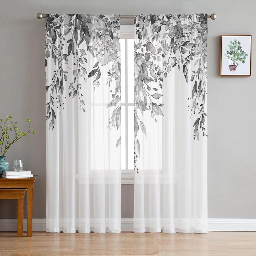 Flower Watercolor Leaf Bud Window Curtains For Living Room Bedroom Kitchen Chiffon Sheer Window Treatment